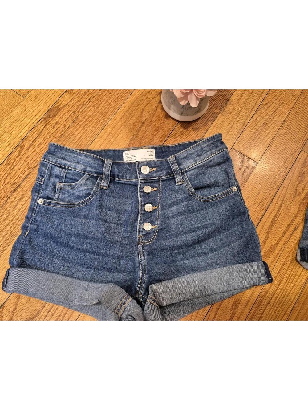 Eightytwo Ardene Blue Midi Jean Shorts Size 01 High Rise Button Fly Raw Hem